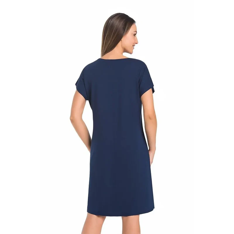 Chemise de nuit élégante en viscose bleu marine manches courtes col rond mode intime femmes confortable sexy