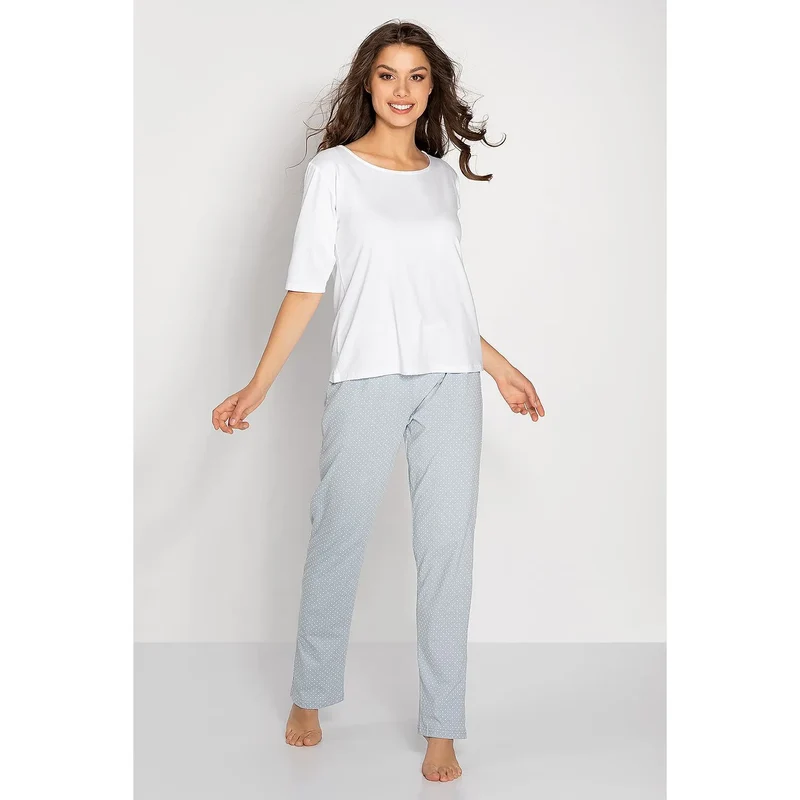 pyjama femme élégant confortable coton doux respirant coupe ample manche mi longue col rond pantalon long droite blanc pois