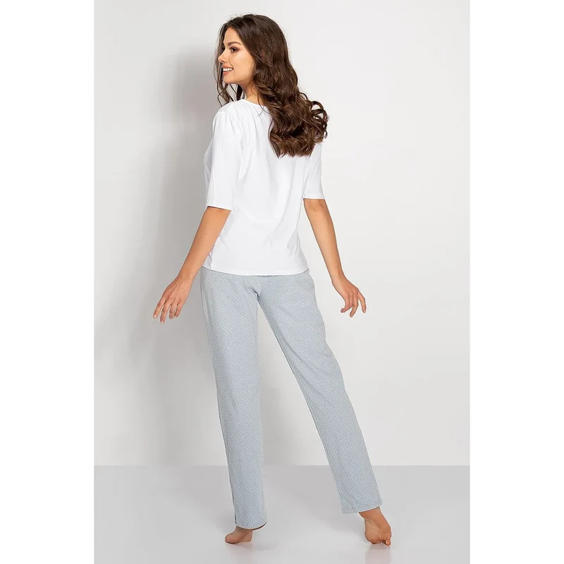 pyjama femme élégant confortable coton doux respirant coupe ample manche mi longue col rond pantalon long droite blanc pois