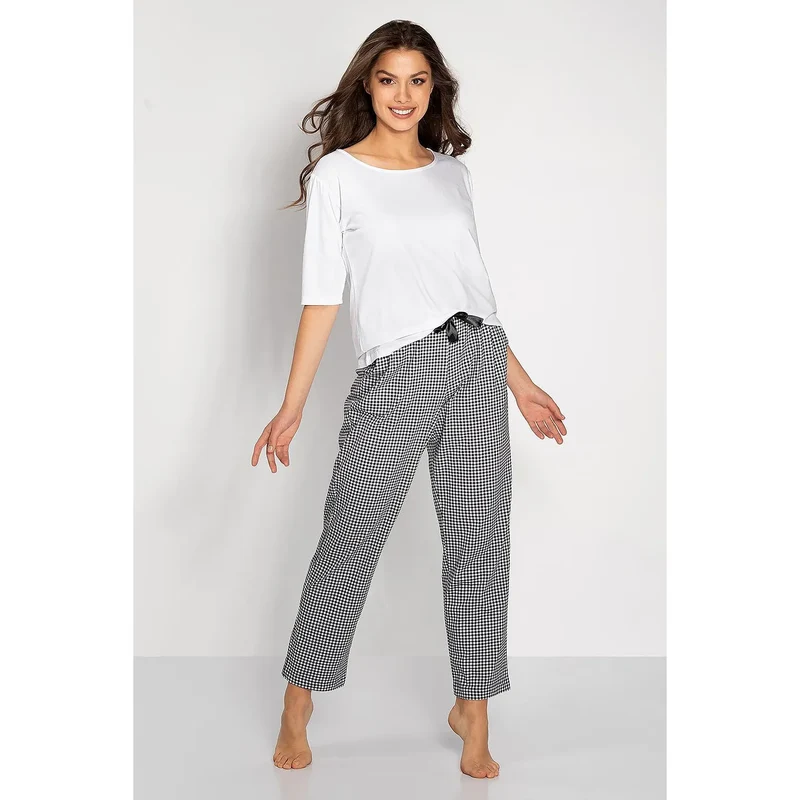 pyjama femme chemisier manches courtes encolure coupe ample confortable pantalon long taille élastique poches impression élégante coton viscose