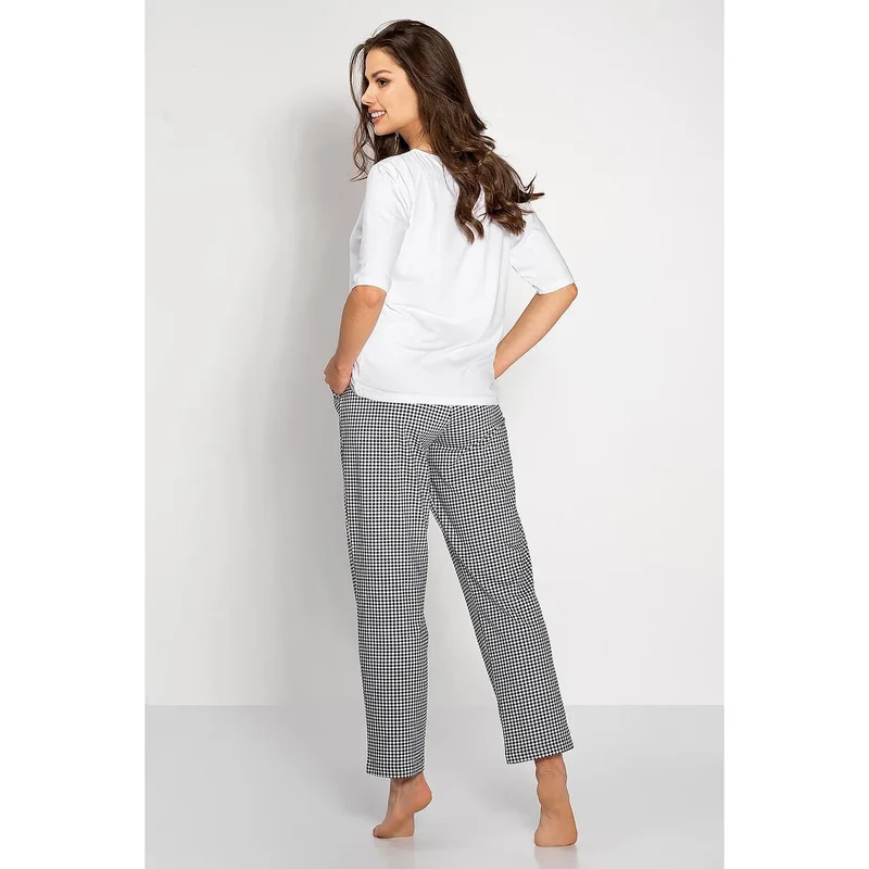pyjama femme chemisier manches courtes encolure coupe ample confortable pantalon long taille élastique poches impression élégante coton viscose