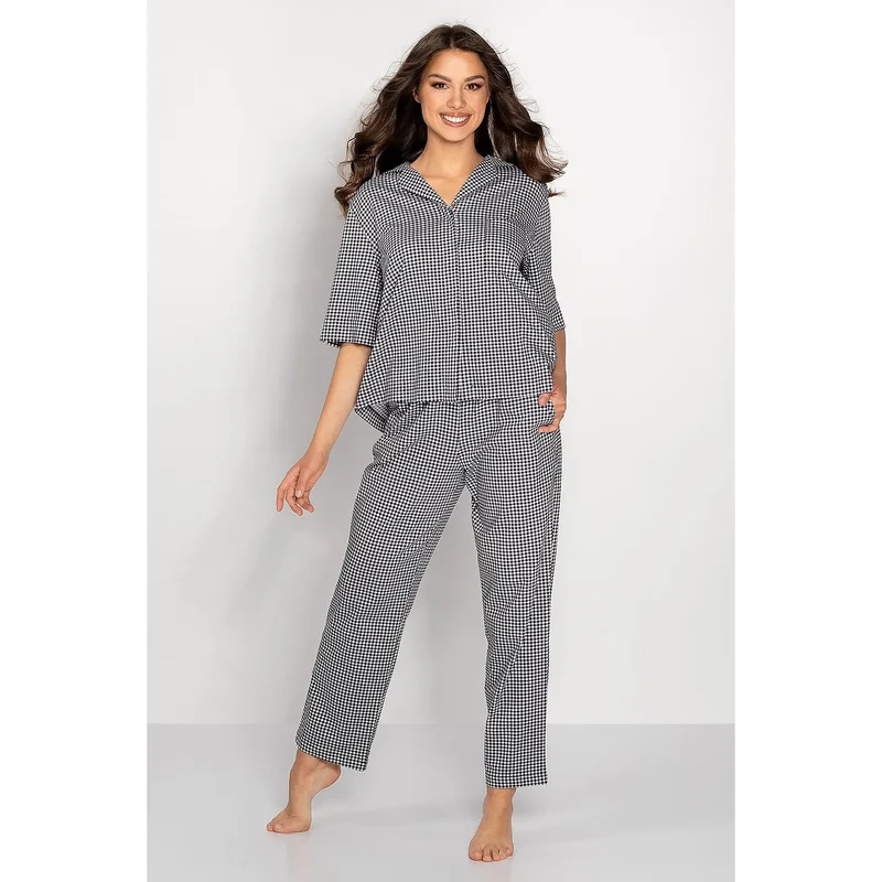 pyjama femme élégant carreaux coton biologique confortable respirant coupe ample chemise boutonnée manches courtes pantalon poches taille élastique