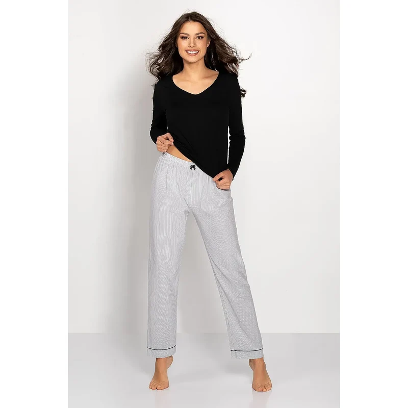 Pyjama femme confortable style élégant manches longues pantalon rayé coton spandex ajusté nuit détente