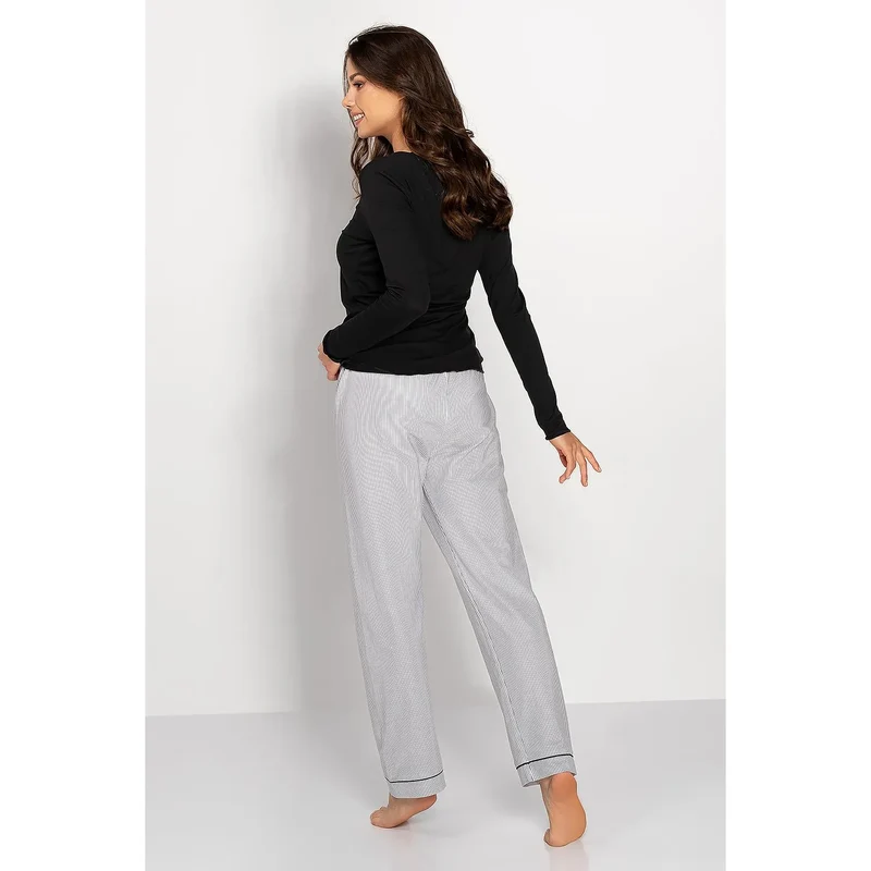 Pyjama femme confortable style élégant manches longues pantalon rayé coton spandex ajusté nuit détente