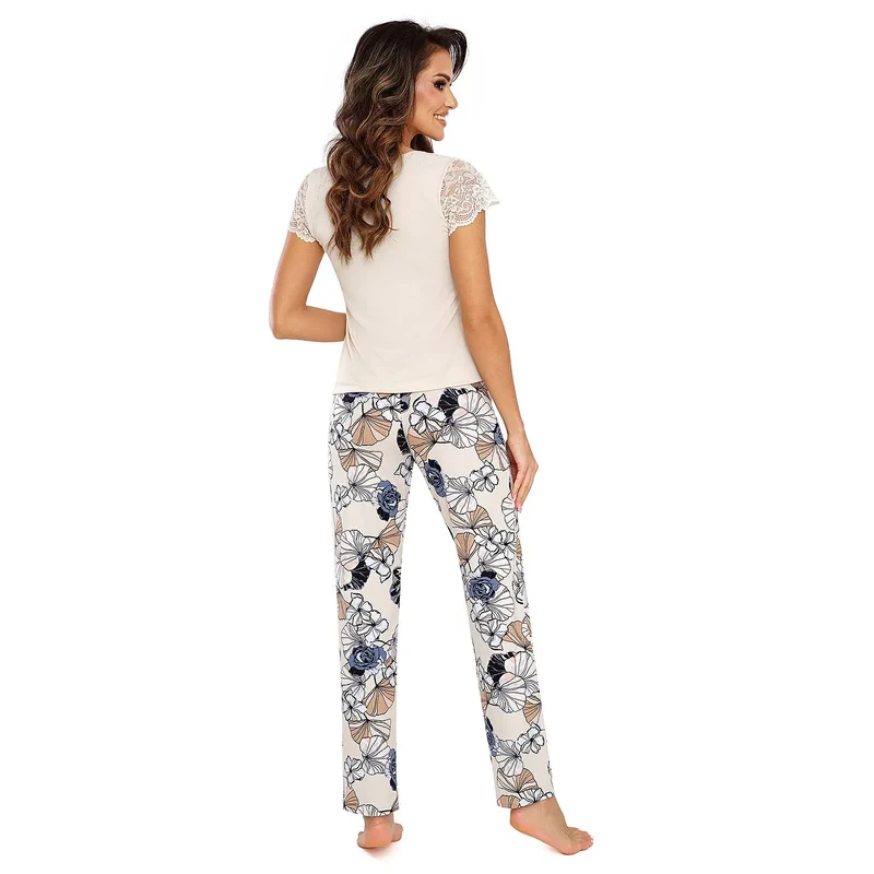 pyjama femme dentelle viscose élégant floral beige bleu noir manchescourtes pantalon fluide doux élasthanne hypoallergénique sophistiqué romantique confortable