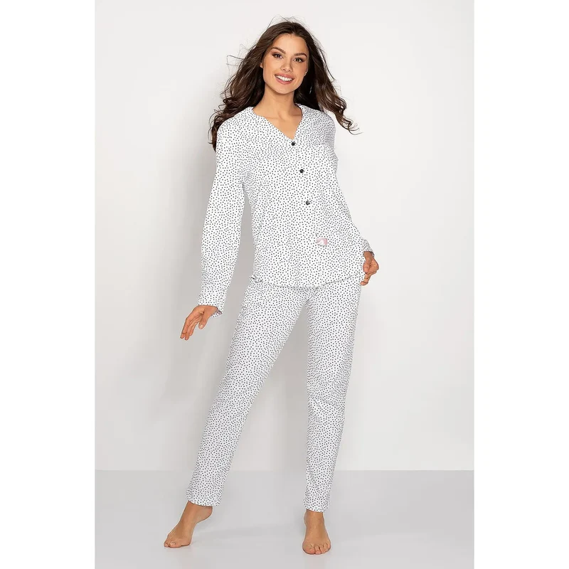 pyjama femme coton pur imprimé pois noirs fond blanc confortable ajusté allaitement chemise manches longues pantalon ceinture élastique boutons col