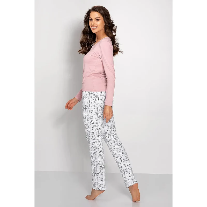 pyjama élégant femme confortable doux sexy érotique viscose coton hypoallergénique manches longues col demi rond rose pastel pantalon