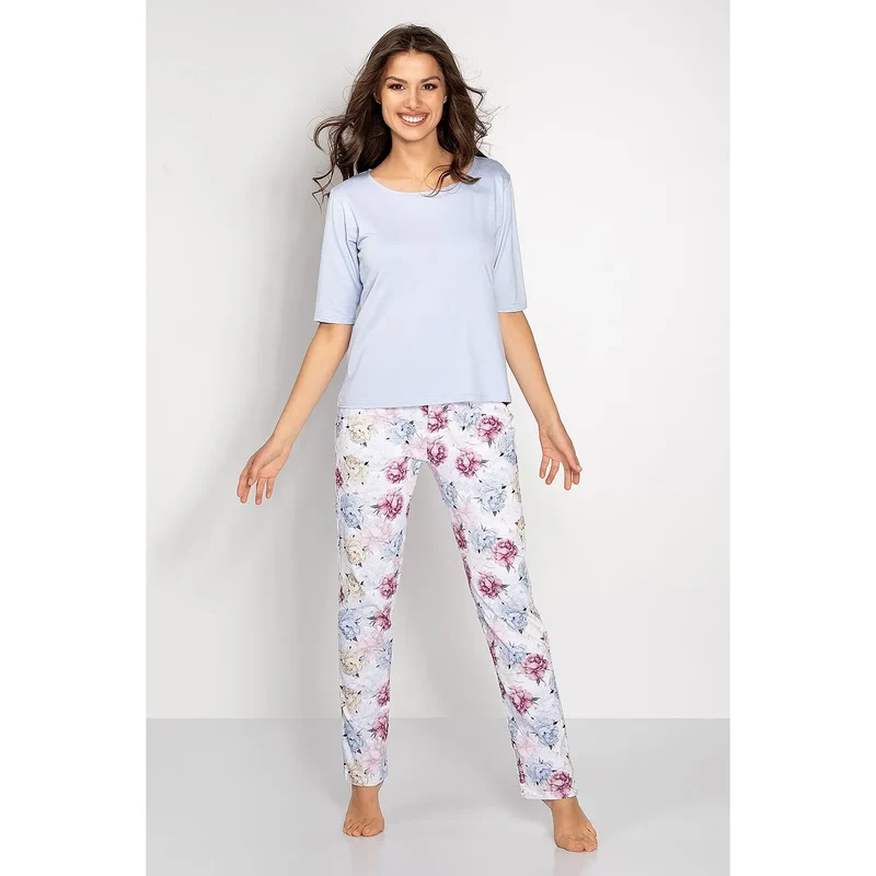 pyjama femme élégant stylé coton doux confortable manches courtes pantalon long motif floral bleu clair ceinture élastique respirant