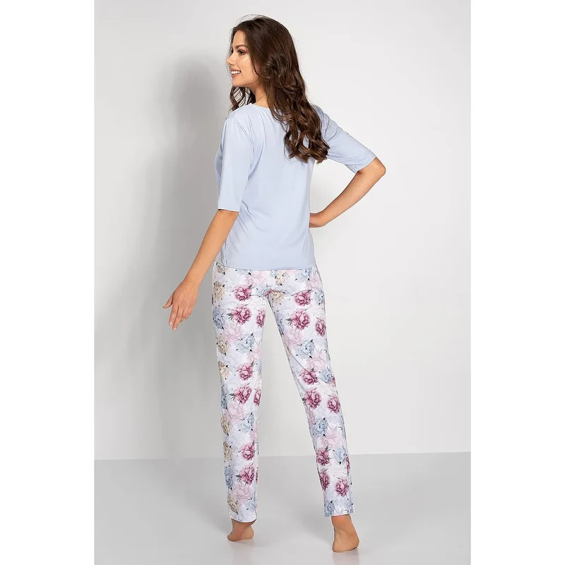 pyjama femme élégant stylé coton doux confortable manches courtes pantalon long motif floral bleu clair ceinture élastique respirant