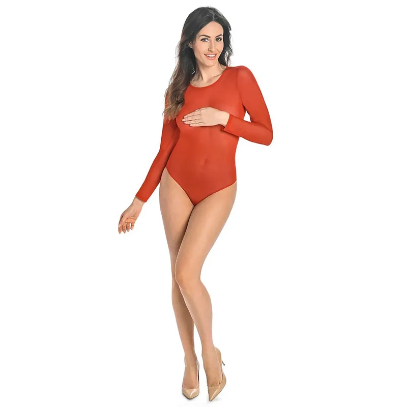 Body lingerie érotique femme translucide rouge manches longues ajustées en maille élasthanne polyester sexy confortable