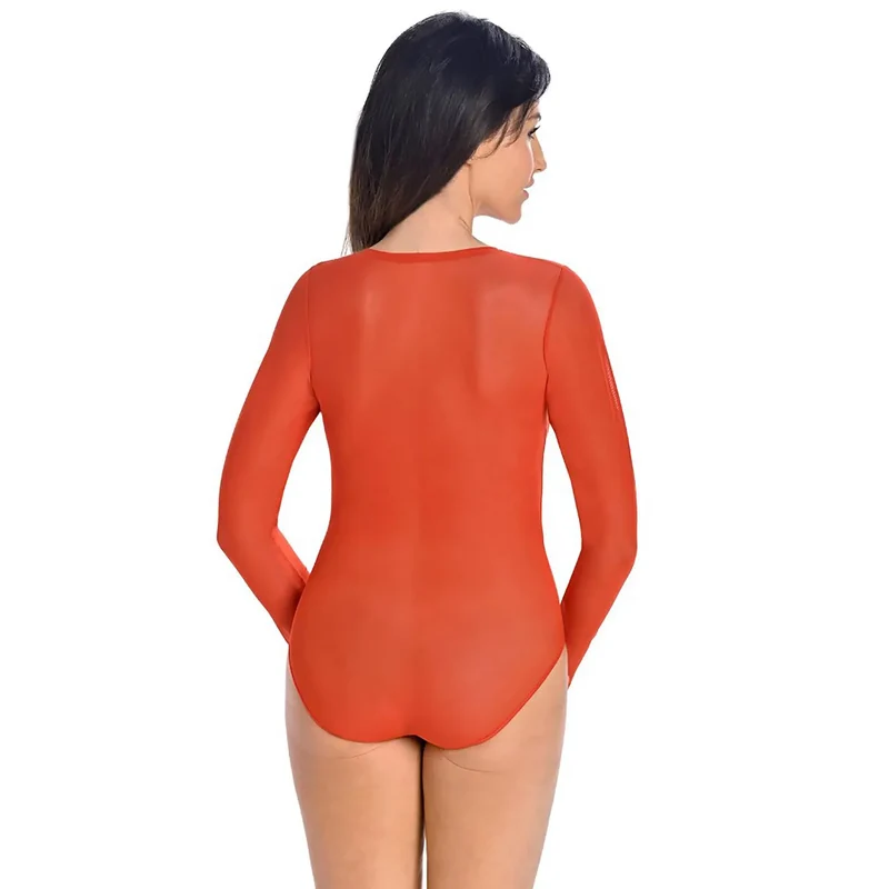 Body lingerie érotique femme translucide rouge manches longues ajustées en maille élasthanne polyester sexy confortable