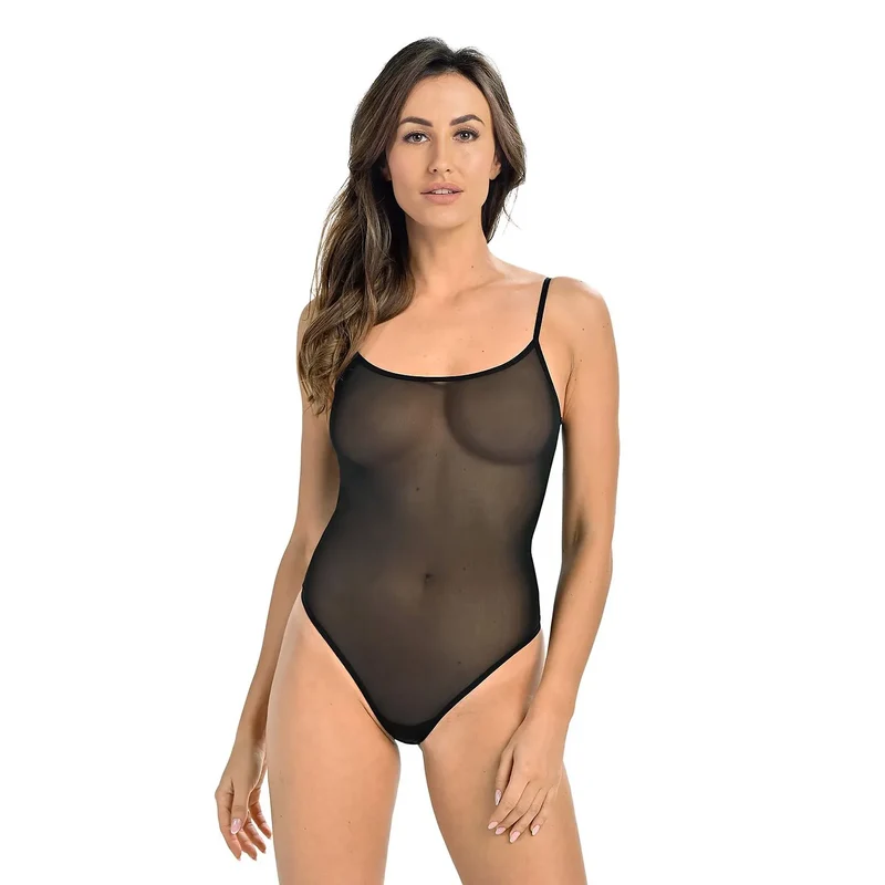 Body femme lingerie sexy transparent stretch bretelles élastiques ajustables string culotte noire glamour sexy
