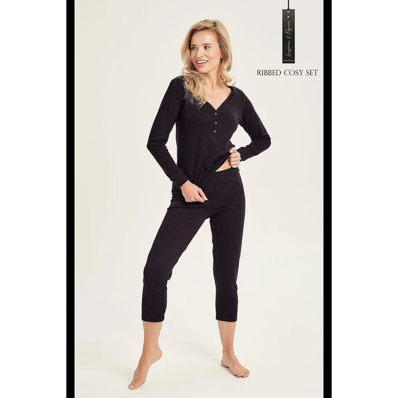 Pyjama en coton 100% ribbed cosy set noir manches longues pantalon queue de poisson femme lingerie confort intimité détente maison