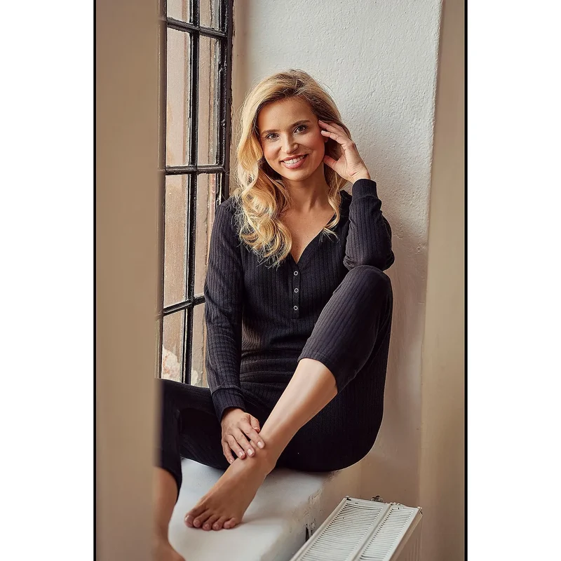 Pyjama en coton 100% ribbed cosy set noir manches longues pantalon queue de poisson femme lingerie confort intimité détente maison