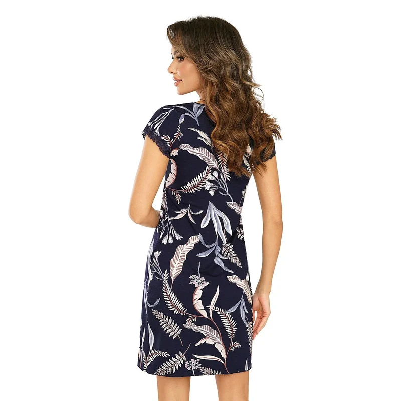 chemise nuit élégante dentelle florale motifs nocturne confort femme romantique viscose lumineuse beige marron bleu blanc encolure V manches courtes