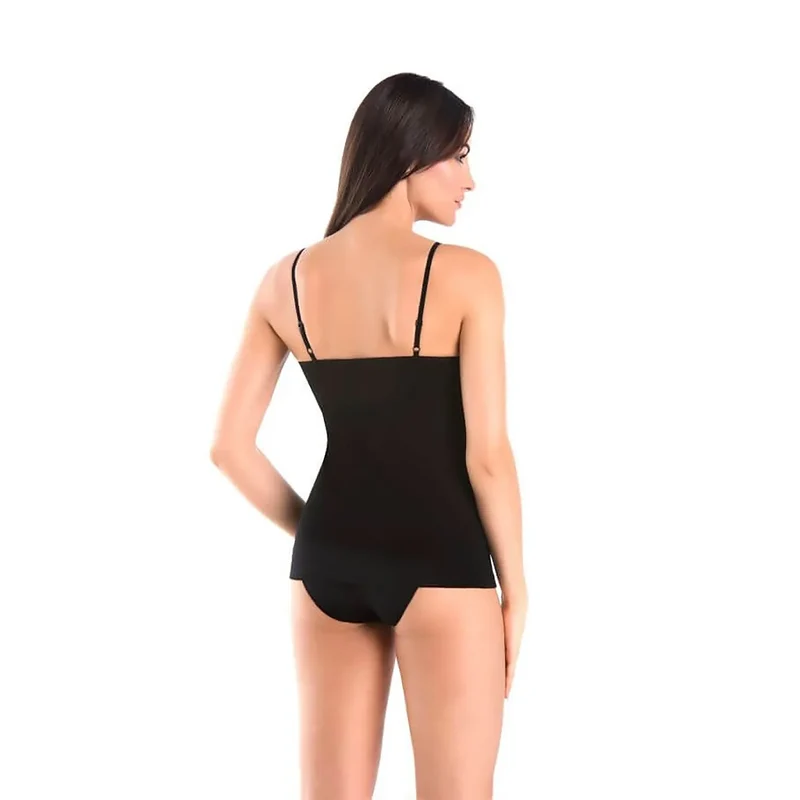 Tricot coton extensible noir Teyli modèle 182934 sexy confortable moulant galbant bretelles fines ajustables double couche discrète maintien Lycra durable