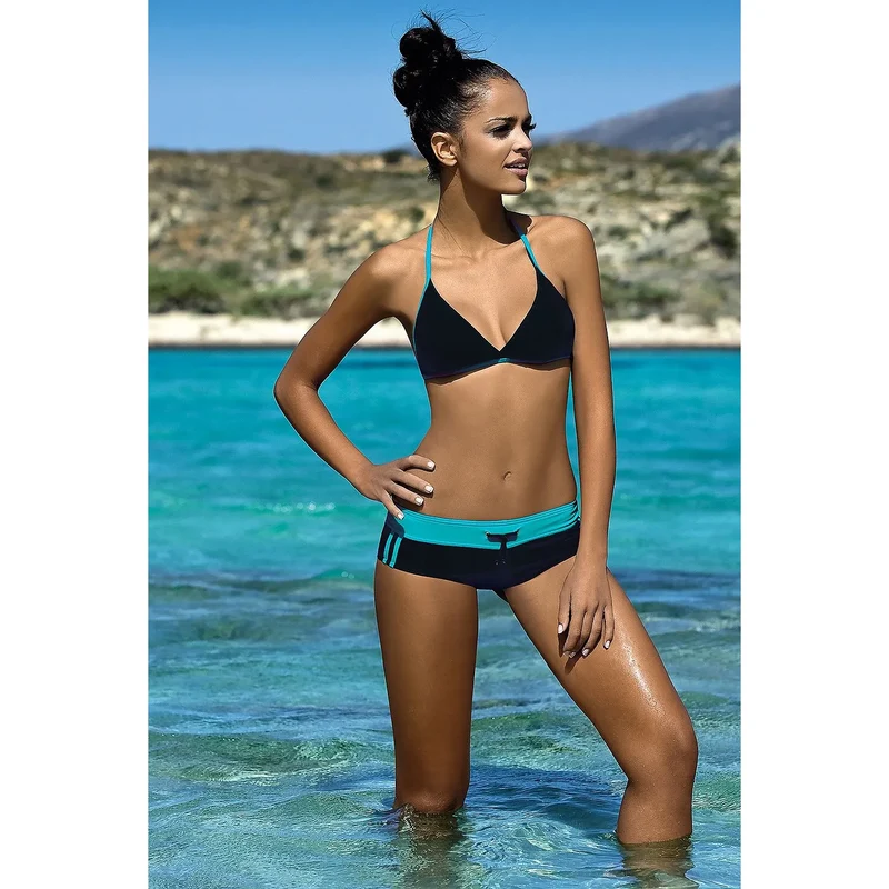 bikini deux pièces triangle shorty noir turquoise sportif moderne bretelles fines ajustables ceinture contrastante doublé polyamide élasthanne