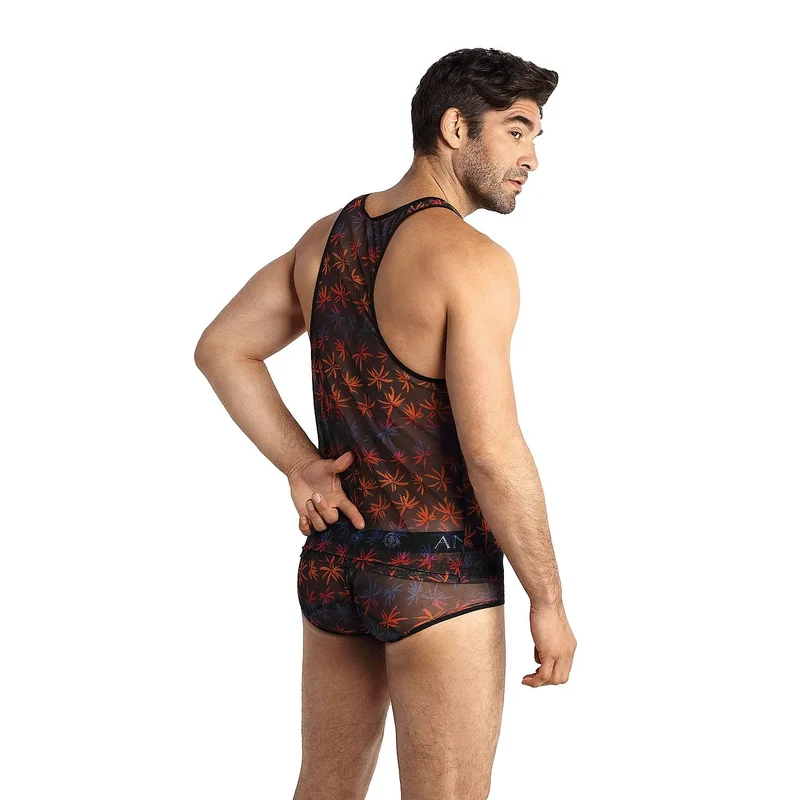 débardeur boxer assorti motif feuilles tropical noir accents rouge orange violet extensible léger maintien ceinture élastique logo Anais