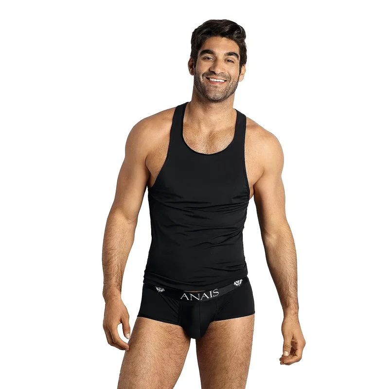 ensemble lingerie homme Anais modèle 181783 débardeur boxer élasthanne polyamide noir ajusté taille élastiquée logo ceinture poche frontale soutien confortable