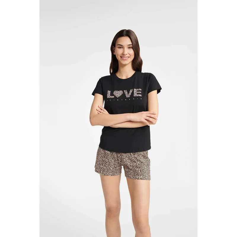 Pyjama femme en coton 100% noir et beige motif léopard T-shirt short manches courtes confortable et élégant pour nuits douillettes ou sorties audacieuses