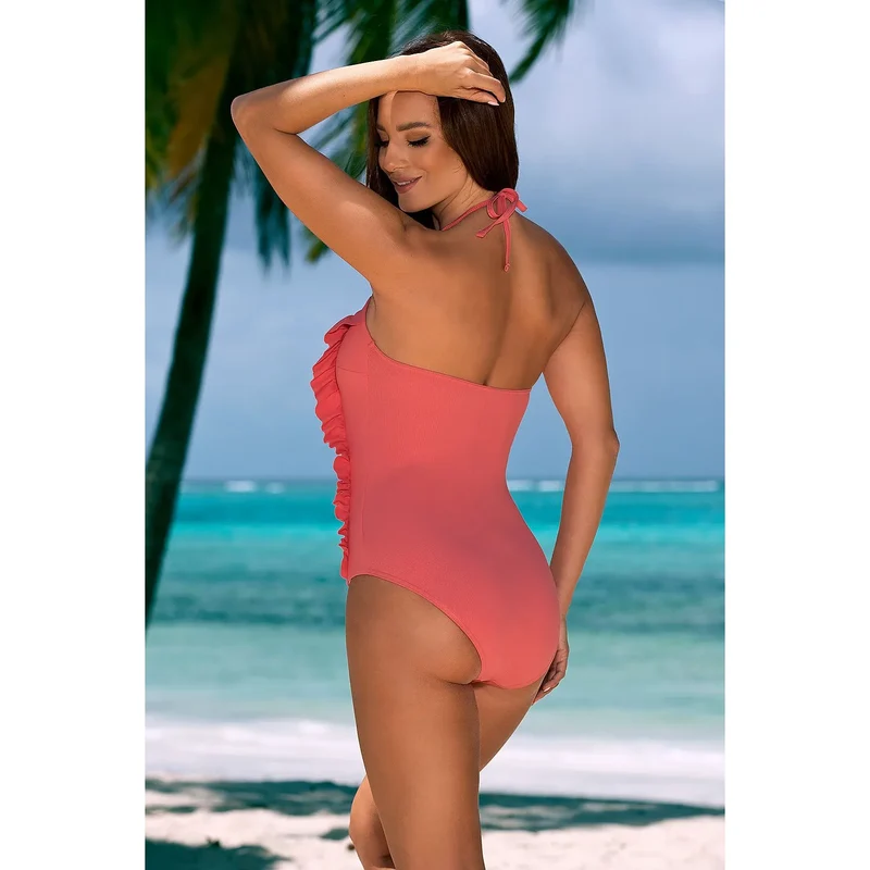 maillot bain pièce corail volant latéral élégant confortable bonnets rembourrés soutien optimal fines bretelles spaghetti encolure nouée dos nu