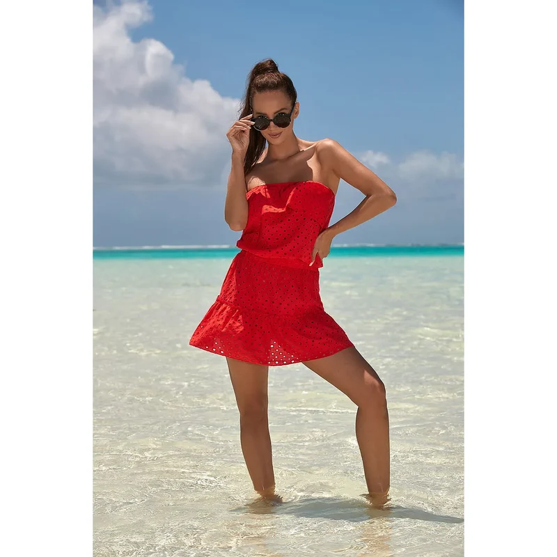 Tunique plage rouge transparente épaules nues élasthanne polyamide légère respirante ajourée brodée évasée cordon serrage séchage rapide estivale sexy