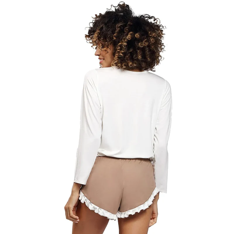 ensemble lingerie féminine viscose douce respirante élégante manches longues poche contrastante short volant nœud décoratif réglable beige blanc sophistiquée