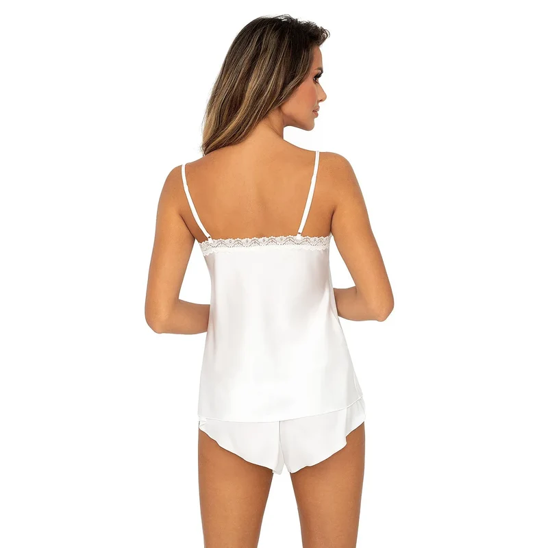 pyjama élégant satin blanc dentelle lingerie intime confort femme nuit romantique short taille haute élastique bretelles réglables décolleté