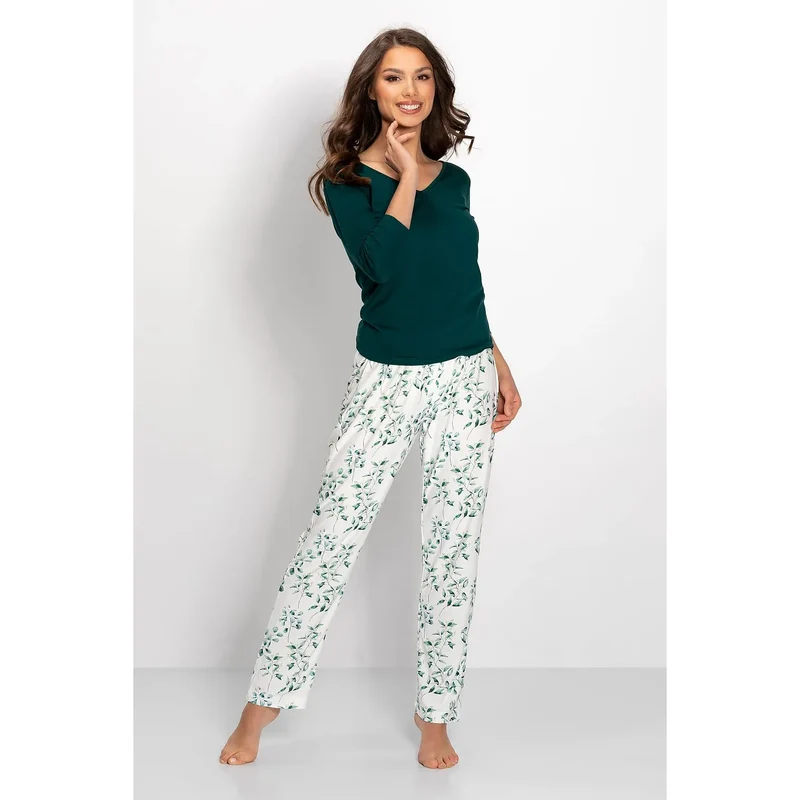 pyjama femme confortable élégant design floral vert foncé viscose manches longues pantalon taille élastique coupe ample décolleté V dos découpé
