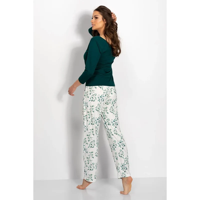 pyjama femme confortable élégant design floral vert foncé viscose manches longues pantalon taille élastique coupe ample décolleté V dos découpé