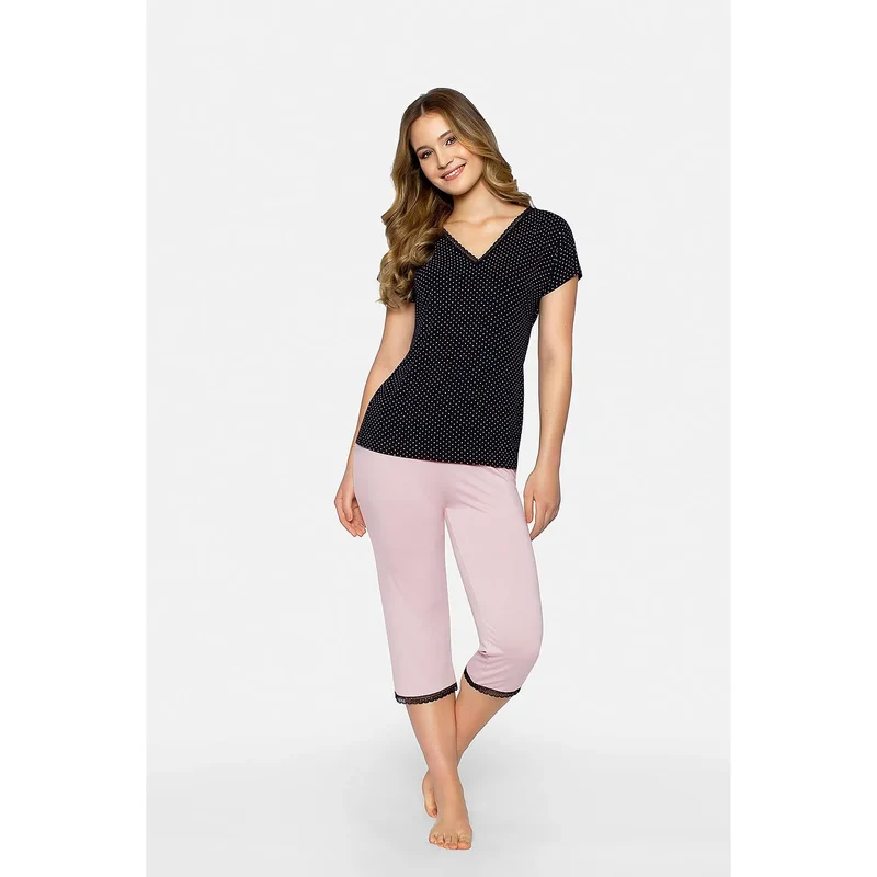 Pyjama Babella 178046 pour femme chemisier noir dentelle pantalon rose capri lingerie confortable intime soie viscose élasthanne taille S M L XL