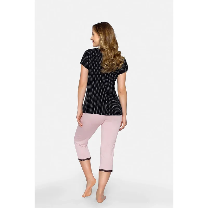 Pyjama Babella 178046 pour femme chemisier noir dentelle pantalon rose capri lingerie confortable intime soie viscose élasthanne taille S M L XL