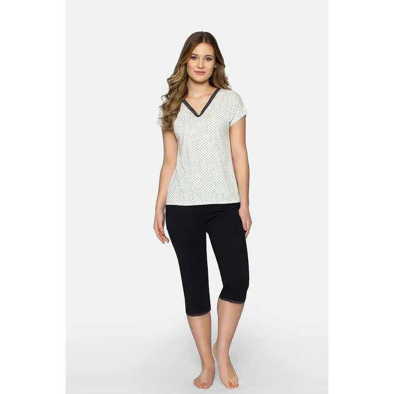 pyjama Babella viscose douce extensible respirant hypoallergénique léger élégant discret féminin dentelle noire pois blancs haut manches courtes