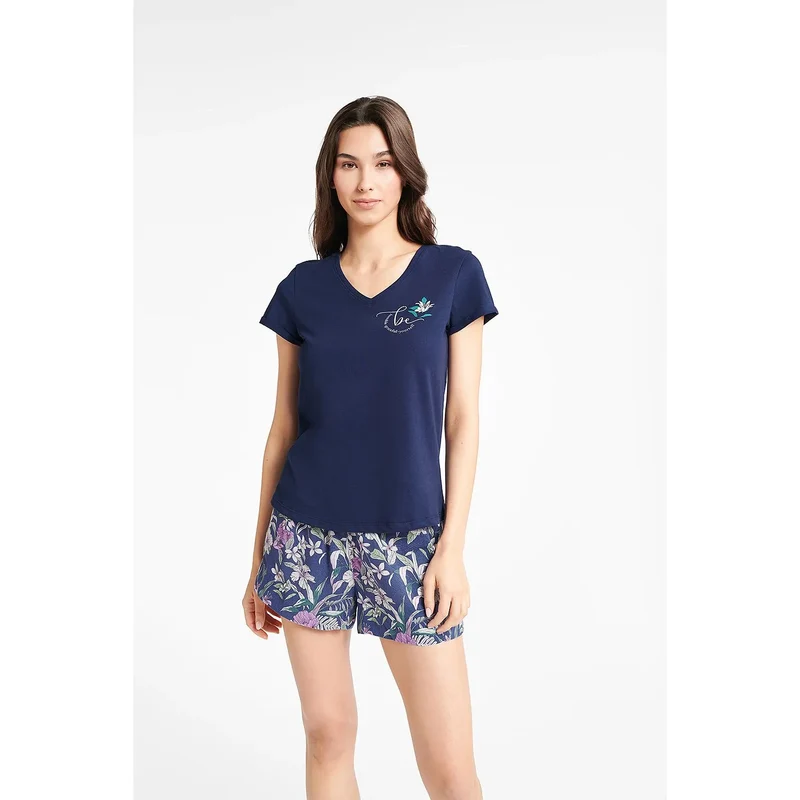 Pyjama deux pièces femme tendance BLUEBIRD coton court manches emblème floral short bleu marine