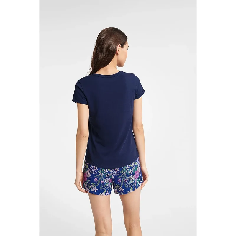 Pyjama deux pièces femme tendance BLUEBIRD coton court manches emblème floral short bleu marine