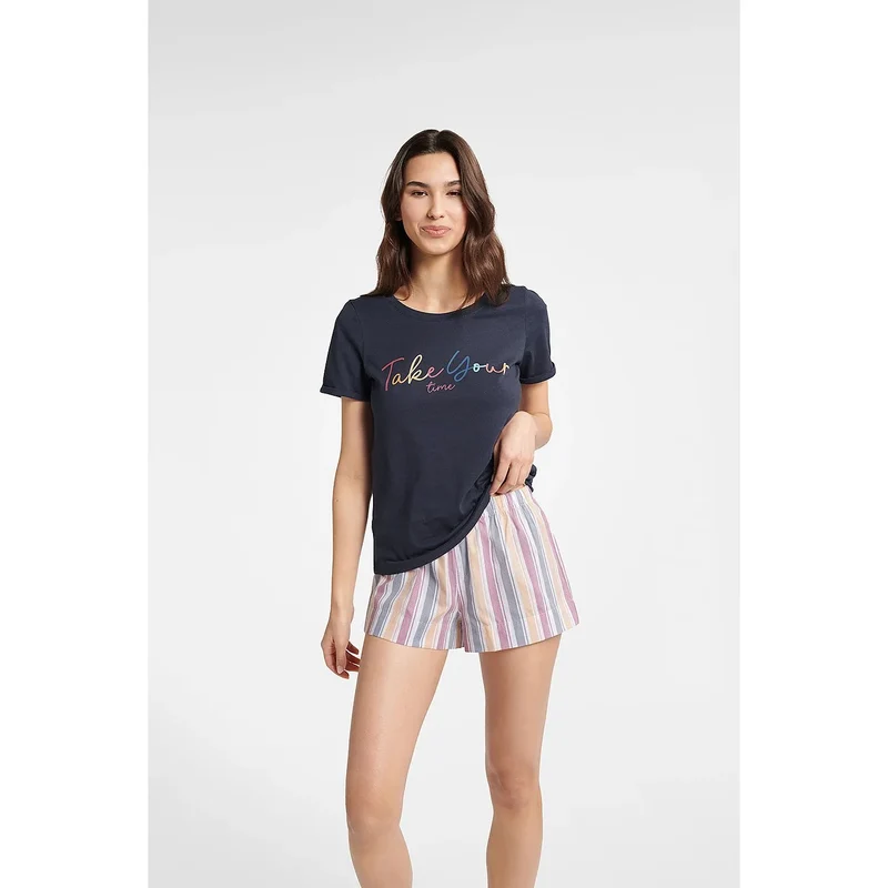 Pyjama femme coton court été style décontracté confort élégance couleur bleu marine short rayures détente loungewear
