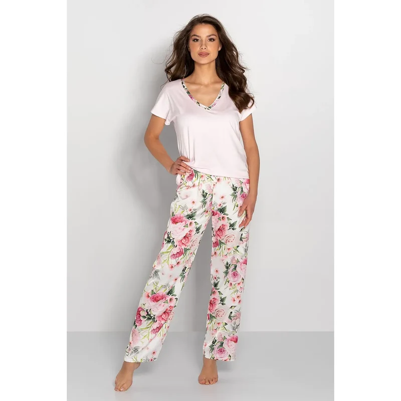 Pyjama Femme confortable style floral rose et vert Momenti Per Me taille élastique manches courtes col cœur composition viscose élasthanne polyester lingerie nuit
