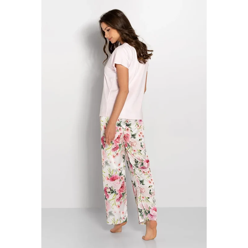 Pyjama Femme confortable style floral rose et vert Momenti Per Me taille élastique manches courtes col cœur composition viscose élasthanne polyester lingerie nuit