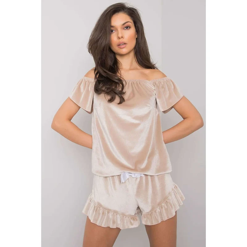 pyjama velours femme élégant confortable romantique détente épaules nues manches courtes évasées short volants ourlet noeud blanc taille élastique