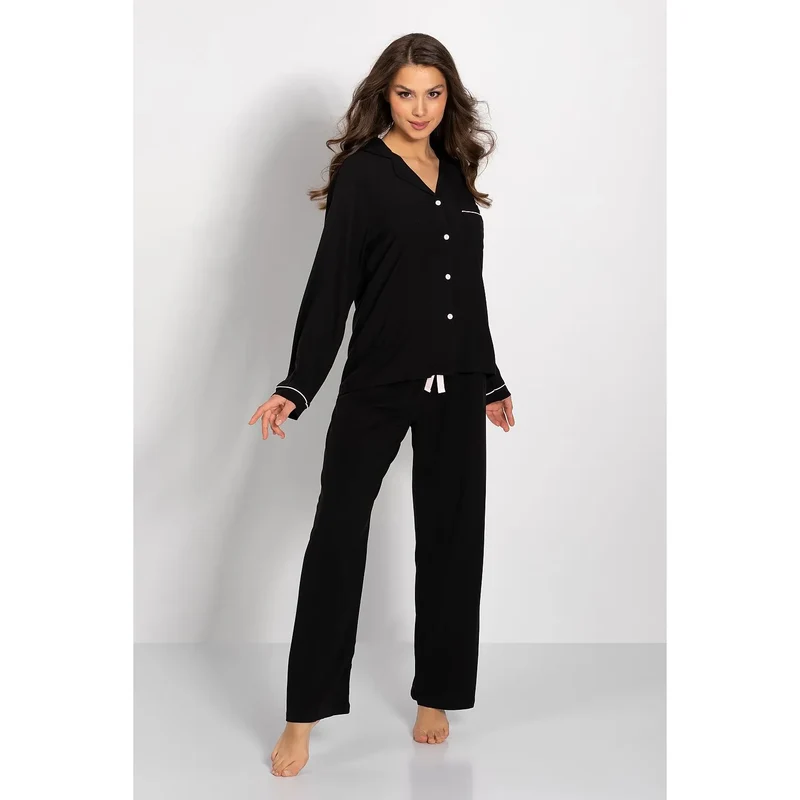 Pyjama femme élégant deux pièces chemise manches longues pantalon droit satin bow confort intime lingerie nocturne satiné sexy