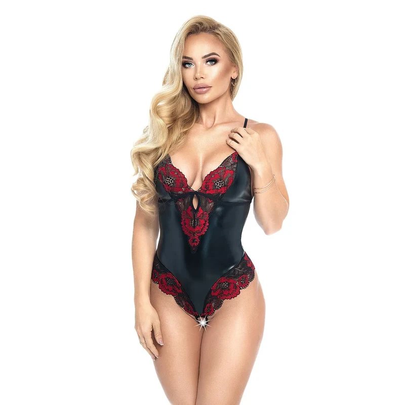 justaucorps sexy dentelle florale noire tissu mouillé extensible transparent taille ajustable bretelles réglables dos nu sculptant lingerie élégante séduisante