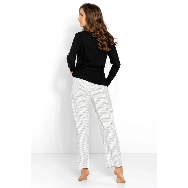 pyjama femme sexy confortable viscose élasthanne manches longues encolure ronde boutons pantalon long contrasté motif petits points noirs ceinture élastique