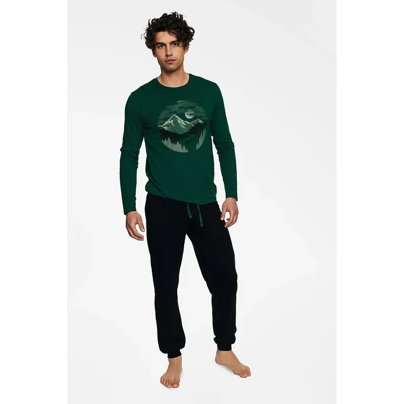 pyjama romantique homme coton confortable nuit intime montagne lune vert manches longues pantalon noir cordon serrage elastique douceur élégant