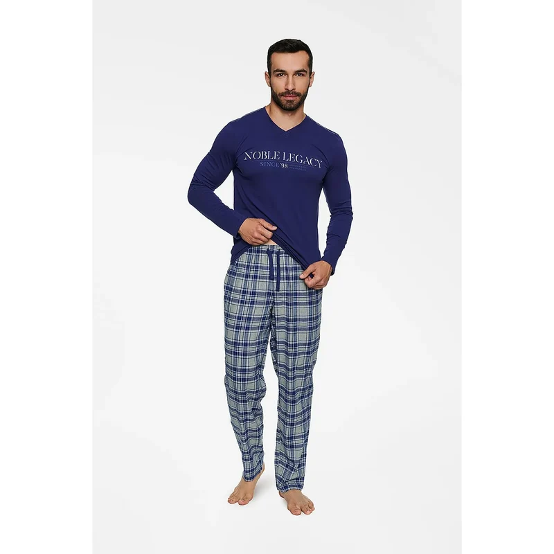 pyjama homme élégant coton flanelle carreaux blouse manches longues inscription poitrine siglée pantalon jambes droites taille élastiquée cordons serrage confort