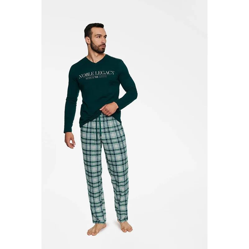 Pyjama homme confortable Noble Legacy carreaux coton doux élastique taille ajustable pantalon droite amples manches longues V-neck qualité supérieure