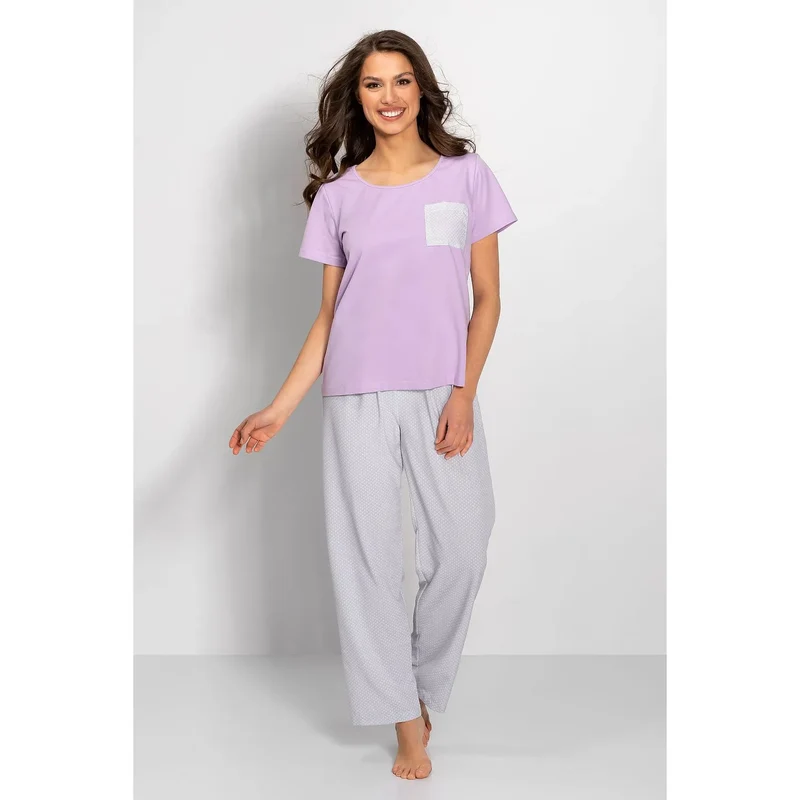 pyjama femmes manches courtes pantalon long tissu doux coton élasthanne lavande gris poche motif noeud décoratif coupe classique col rond