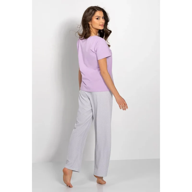 pyjama femmes manches courtes pantalon long tissu doux coton élasthanne lavande gris poche motif noeud décoratif coupe classique col rond