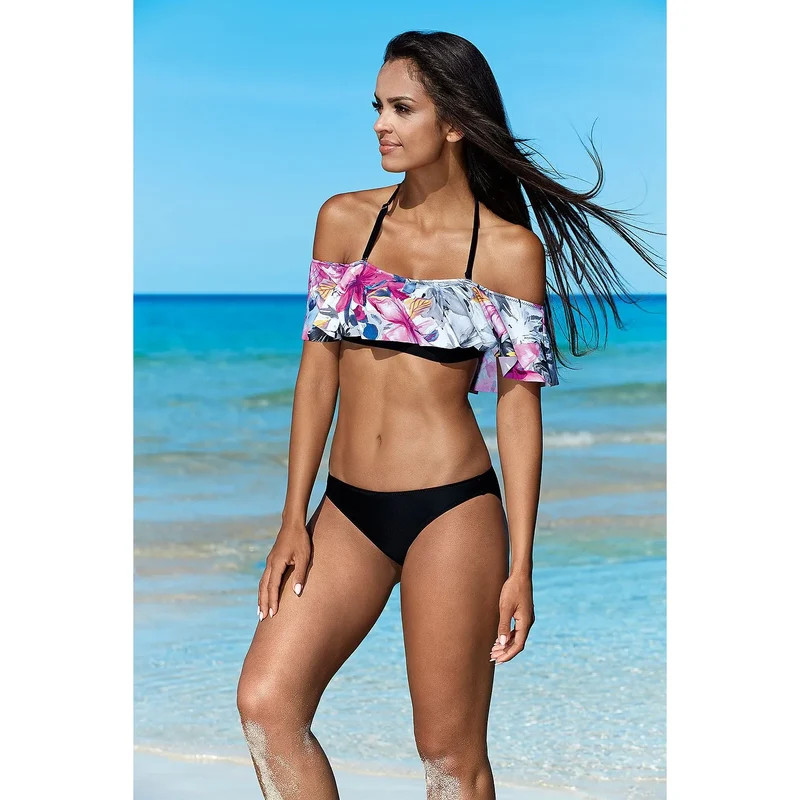 Maillot de bain deux pièces sexy Lorin model 177370 tissu extensible volants noirs imprimé floral plage piscine