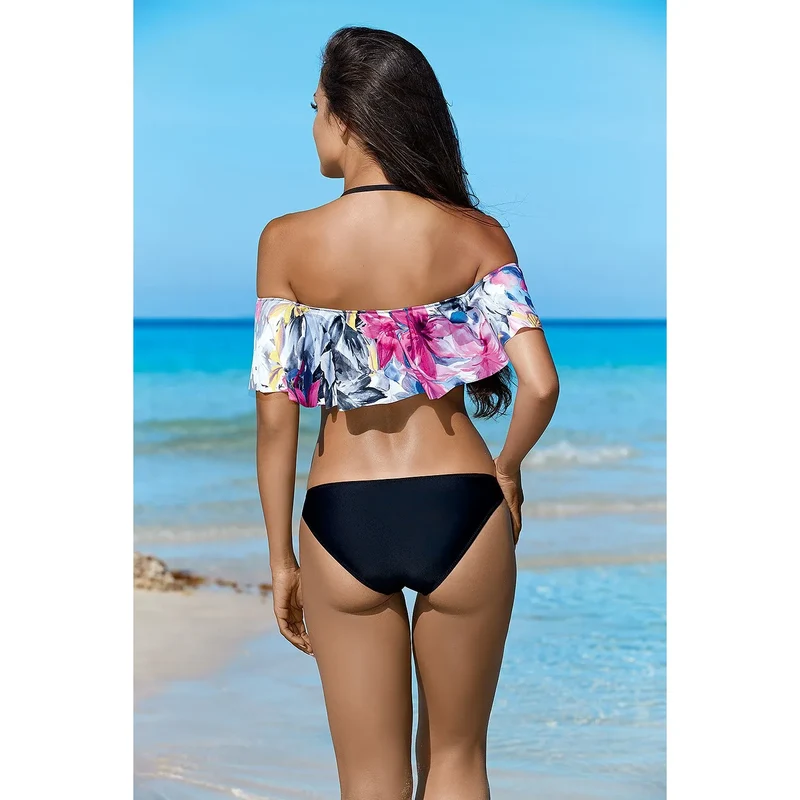 Maillot de bain deux pièces sexy Lorin model 177370 tissu extensible volants noirs imprimé floral plage piscine