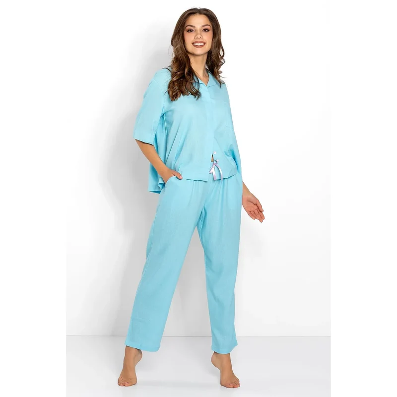 pyjama femme confortable élégant doux léger manchescourtes colV pantalon taillehaute cordonréglable coupeample bleuclair apaisant pratique discret allaitement maternité